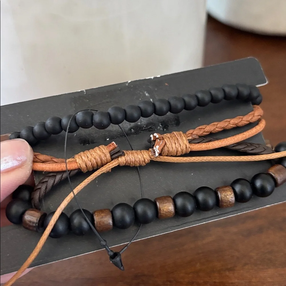 Buddha Wood Bead,flat braided leather,5 row,wrap adjustable,nickle free bracelet